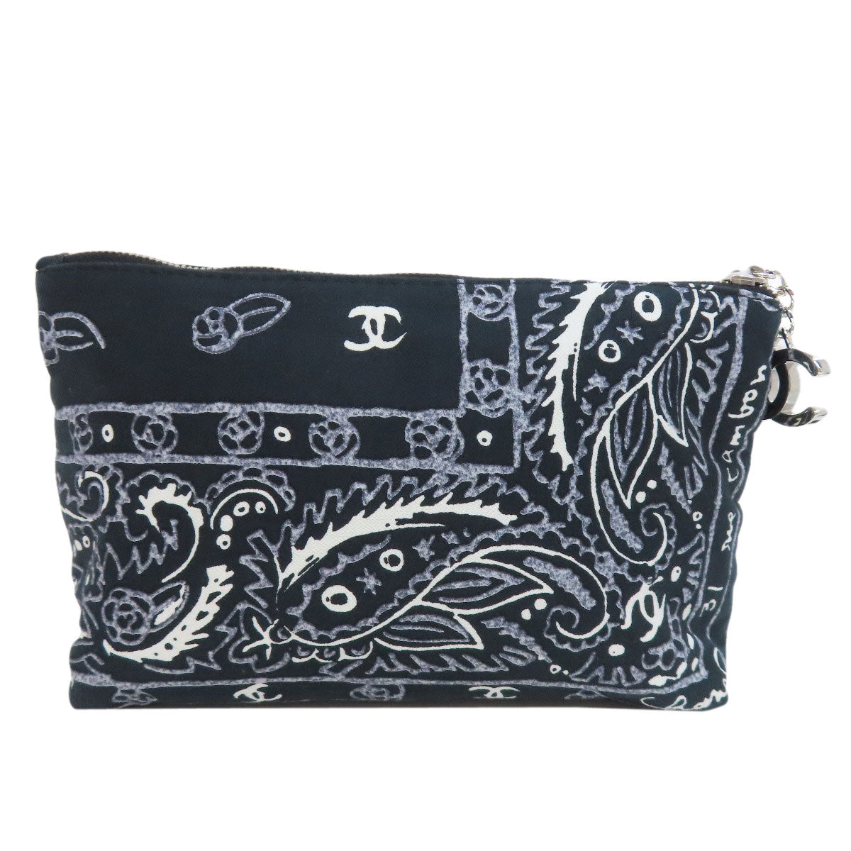 CHANEL Cosmetics Pouch cotton black Paisley Pattern Silver Metal with Scrunchie