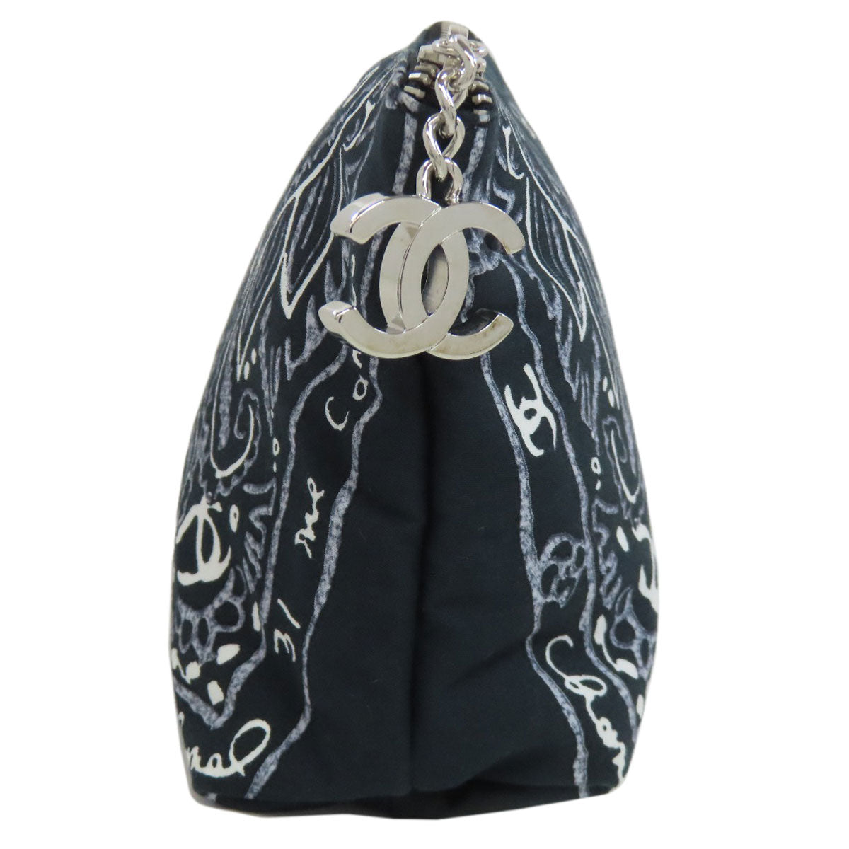CHANEL Cosmetics Pouch cotton black Paisley Pattern Silver Metal with Scrunchie