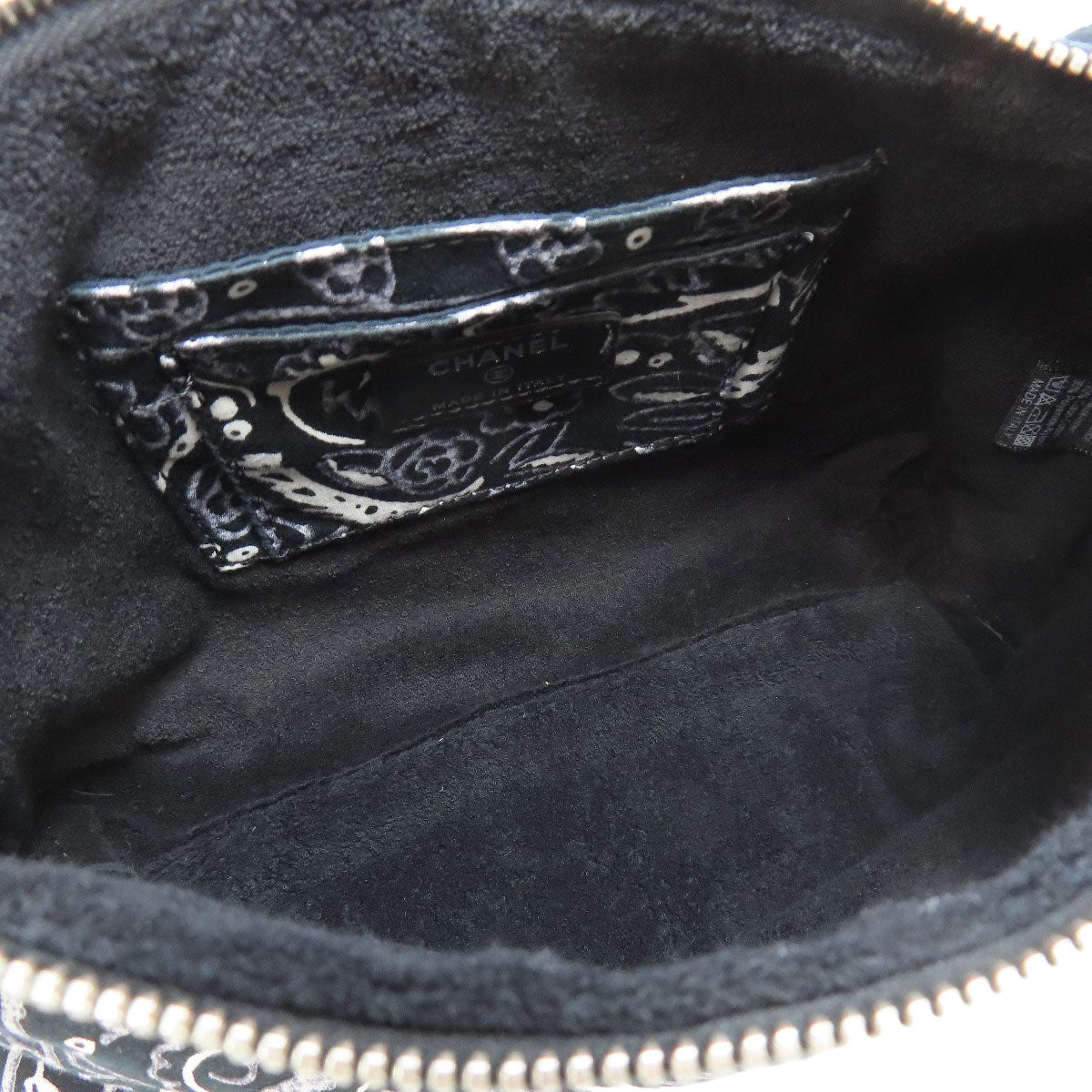 CHANEL Cosmetics Pouch cotton black Paisley Pattern Silver Metal with Scrunchie