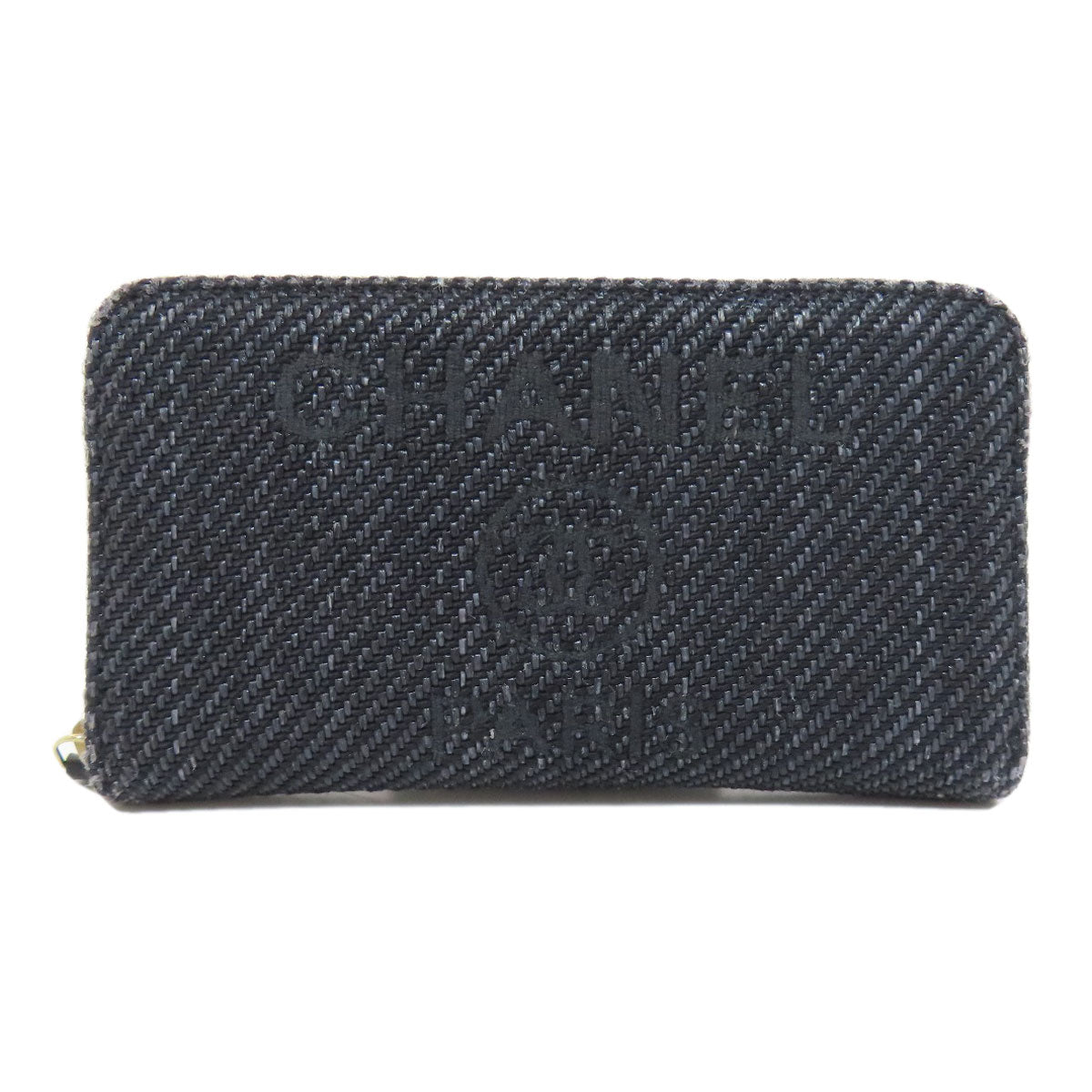 CHANEL Long Wallet Purse canvas Navy Deauville small zip wallet Women Used Authentic
