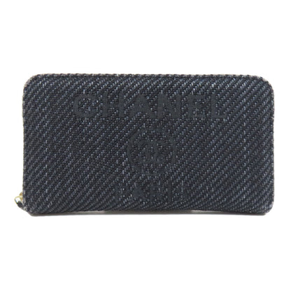 CHANEL Long Wallet Purse canvas Navy Deauville small zip wallet Women Used Authentic