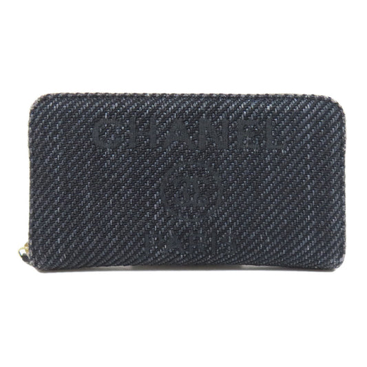 CHANEL Long Wallet Purse canvas Navy Deauville small zip wallet Women Used Authentic