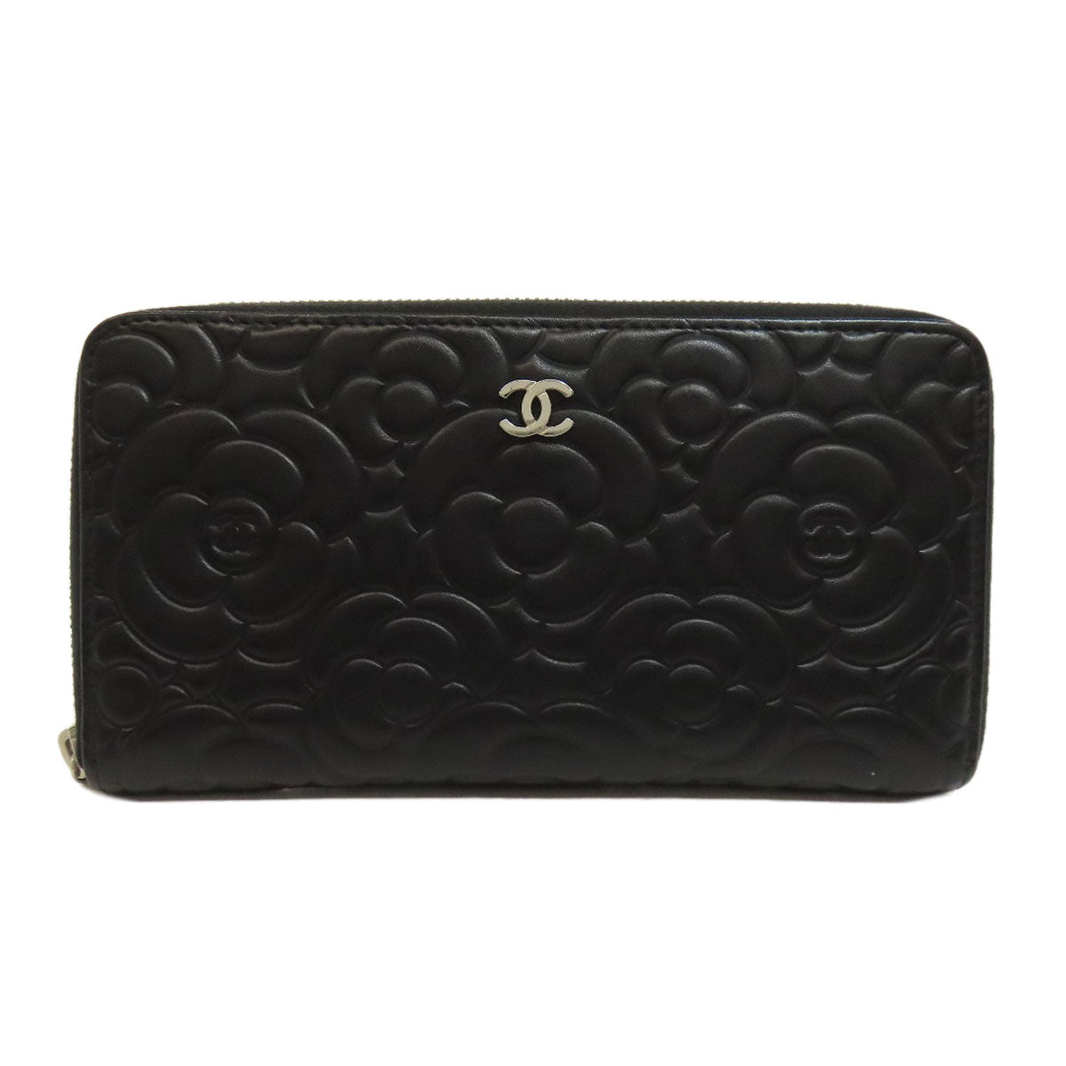 CHANEL Long Wallet Purse Calfskin black Camellia SilverMetal Women Used Authentic