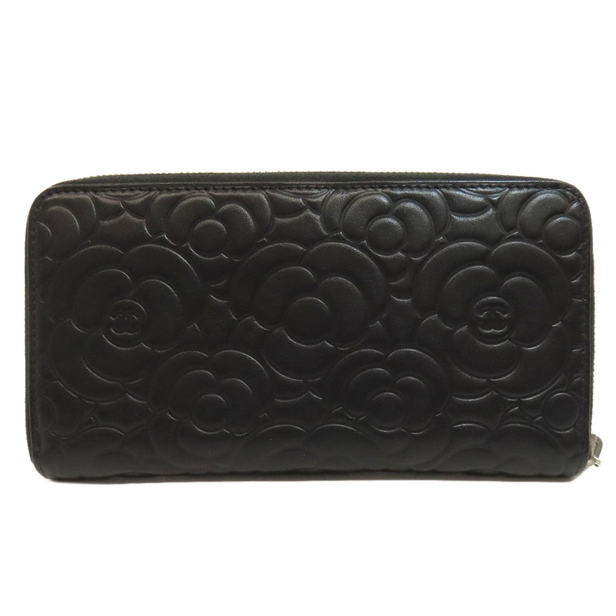 CHANEL Long Wallet Purse Calfskin black Camellia SilverMetal Women Used Authentic