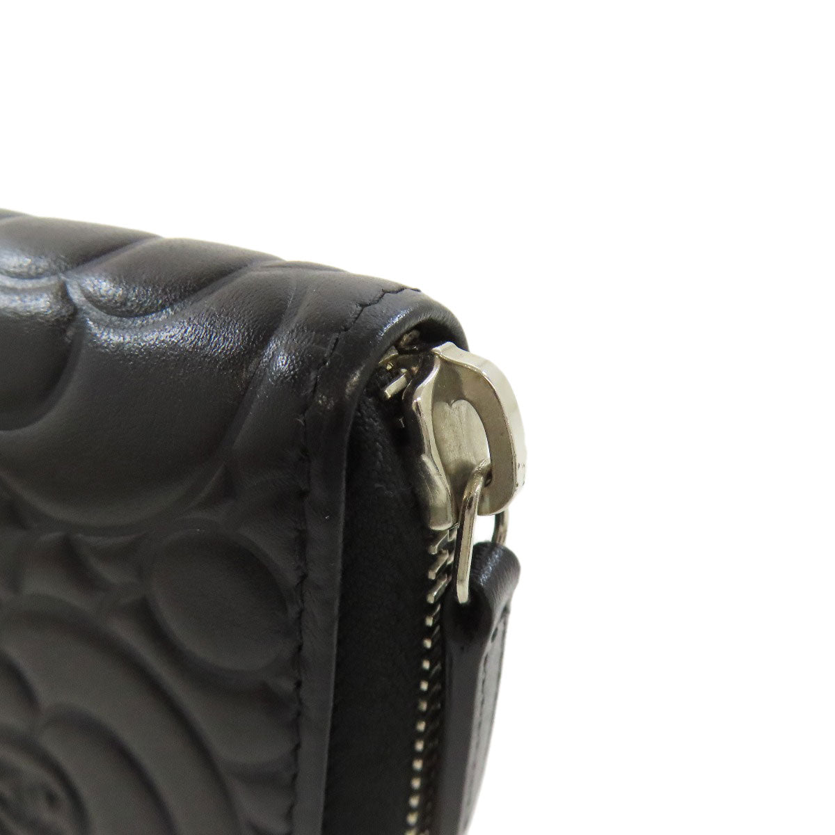 CHANEL Long Wallet Purse Calfskin black Camellia SilverMetal Women Used Authentic