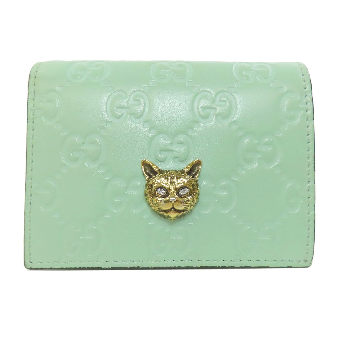 GUCCI Bifold Wallet 548057 leather green GG Signature Shima Linea Cat Women Used Authentic