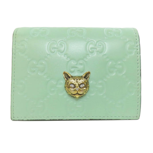 GUCCI Bifold Wallet 548057 leather green GG Signature Shima Linea Cat Women Used Authentic