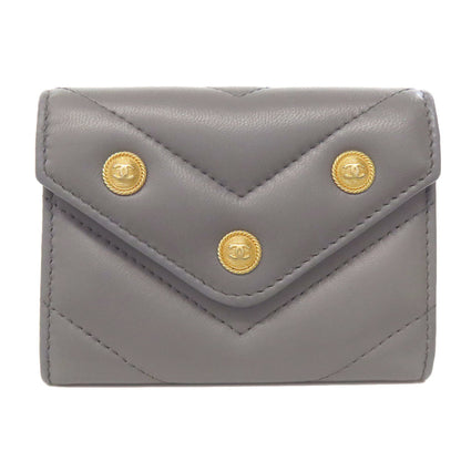 CHANEL Coin case lambskin gray COCO Mark Vstitch Gold Metal Women Used Authentic