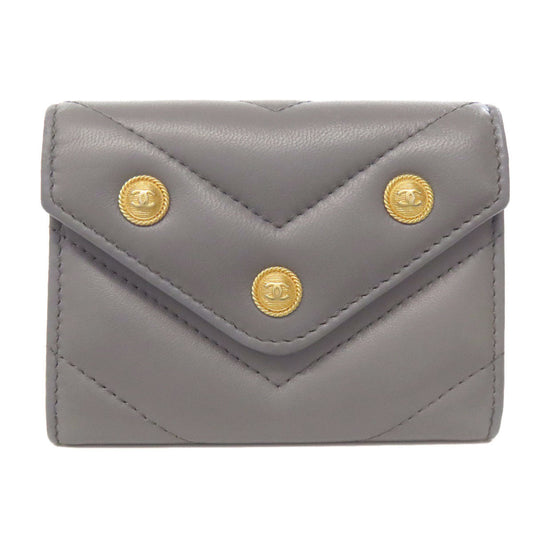 CHANEL Coin case lambskin gray COCO Mark Vstitch Gold Metal Women Used Authentic
