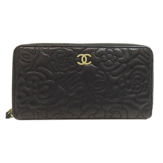 CHANEL Long Wallet Purse lambskin black Camellia Gold Metal Women Used Authentic