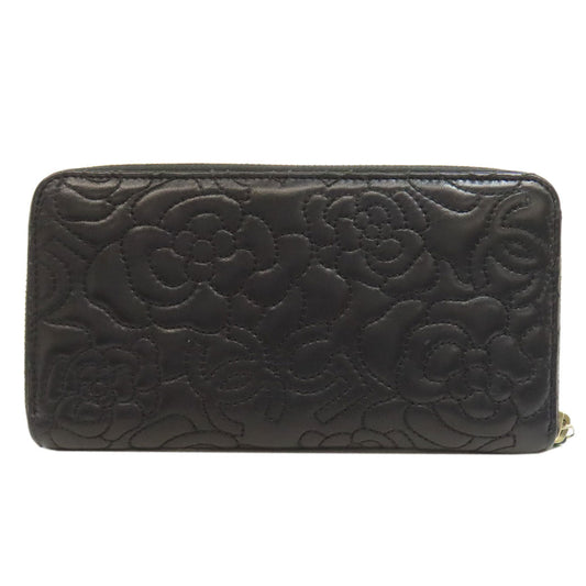 CHANEL Long Wallet Purse lambskin black Camellia Gold Metal Women Used Authentic