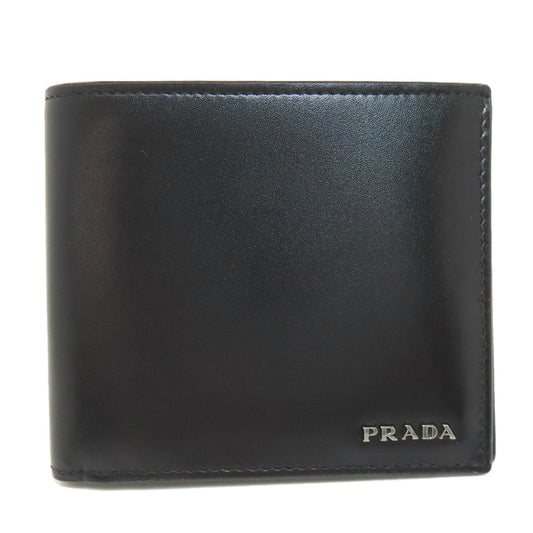 PRADA Bifold Wallet leather black logo mens Used Authentic