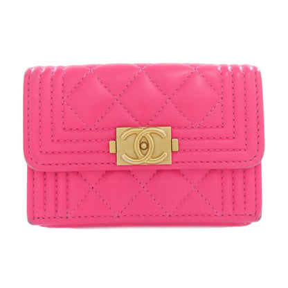 CHANEL Bifold Wallet Calfskin pink Tri-fold Boy Chanel Women Used Authentic