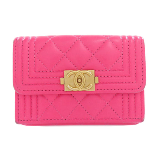 CHANEL Bifold Wallet Calfskin pink Tri-fold Boy Chanel Women Used Authentic