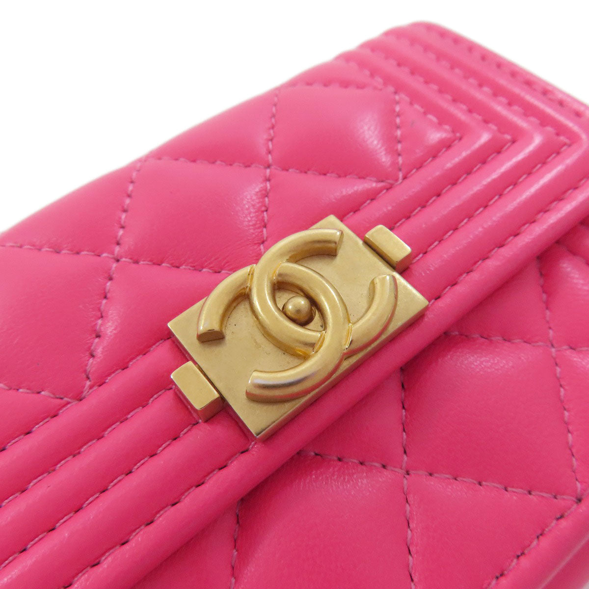 CHANEL Bifold Wallet Calfskin pink Tri-fold Boy Chanel Women Used Authentic