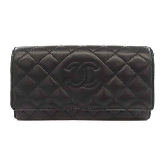 CHANEL Long Wallet Purse lambskin black Matelasse SilverMetal Women Used Authentic