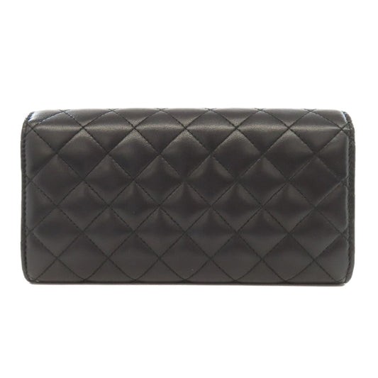 CHANEL Long Wallet Purse lambskin black Matelasse SilverMetal Women Used Authentic