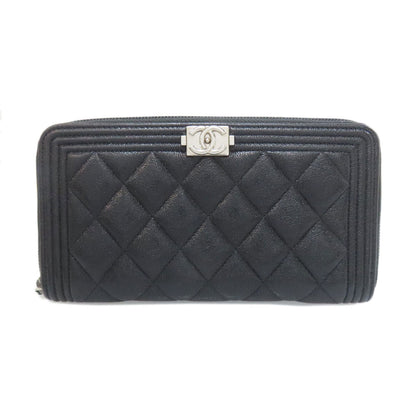 CHANEL Long Wallet Purse Calfskin black Boy chanel Women Used Authentic
