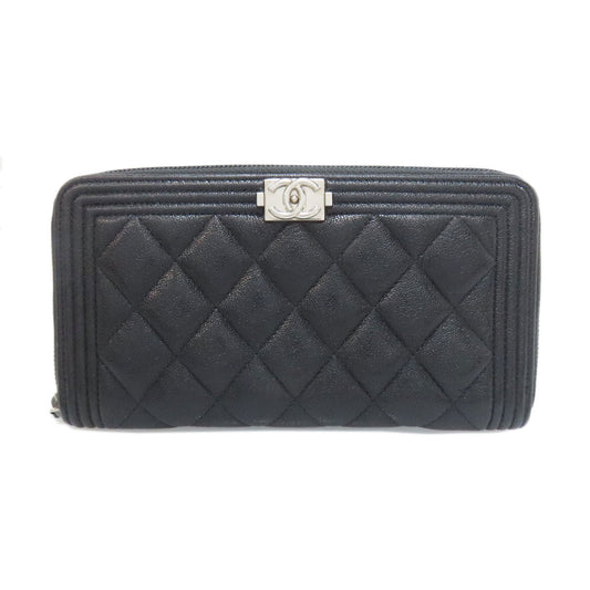 CHANEL Long Wallet Purse Calfskin black Boy chanel Women Used Authentic