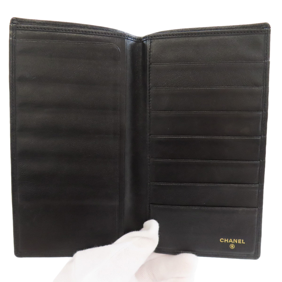 CHANEL Long Wallet Purse Calfskin black stitch Women Used Authentic