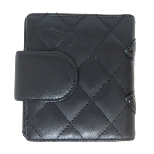 CHANEL Bifold Wallet lambskin black Cambon line Women Used Authentic