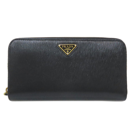 PRADA Long Wallet Purse leather black logoMetal Women Used Authentic