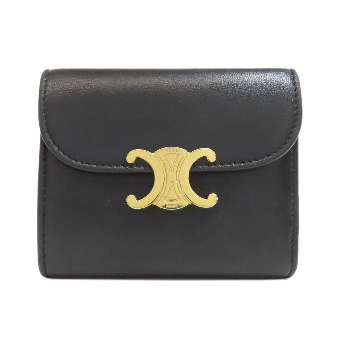 CELINE Bifold Wallet leather black Triomphe Flap Women Used Authentic
