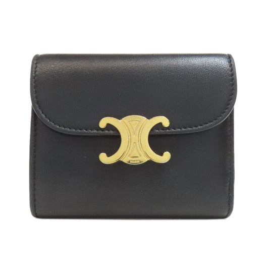 CELINE Bifold Wallet leather black Triomphe Flap Women Used Authentic