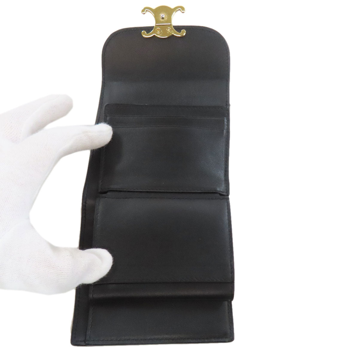 CELINE Bifold Wallet leather black Triomphe Flap Women Used Authentic