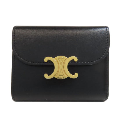 CELINE Bifold Wallet leather black Triomphe Flap Women Used Authentic