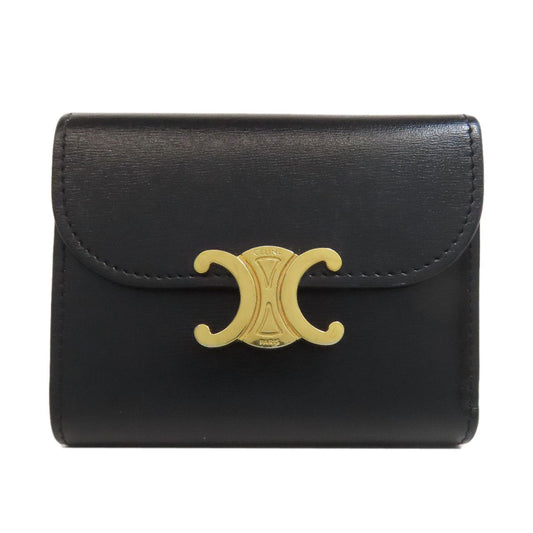 CELINE Bifold Wallet leather black Triomphe Flap Women Used Authentic