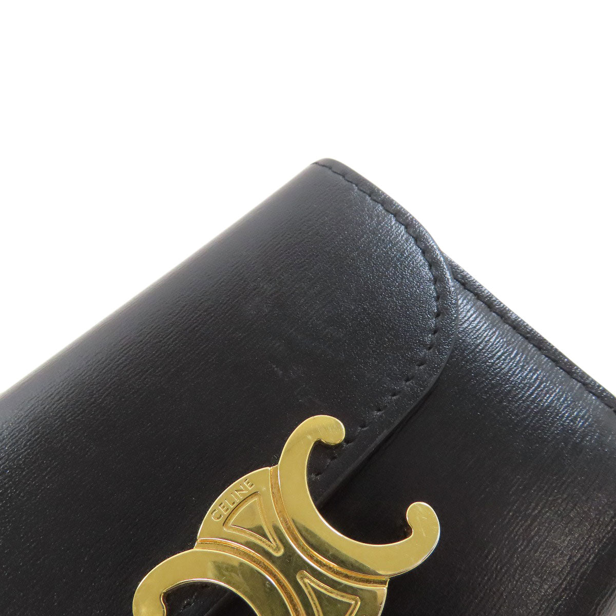 CELINE Bifold Wallet leather black Triomphe Flap Women Used Authentic