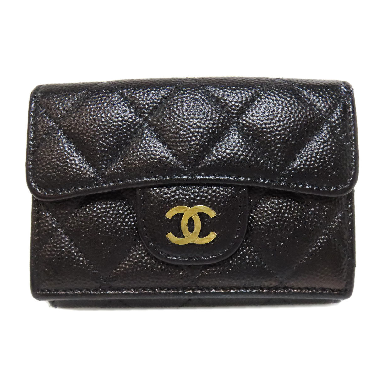 CHANEL Bifold Wallet Grained Calfskin Skin black Compact Wallet Matelasse Gold Metal Women Used Authentic