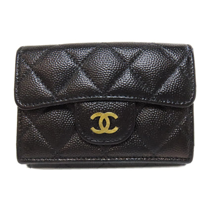 CHANEL Bifold Wallet Grained Calfskin Skin black Compact Wallet Matelasse Gold Metal Women Used Authentic