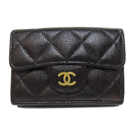 CHANEL Bifold Wallet Grained Calfskin Skin black Compact Wallet Matelasse Gold Metal Women Used Authentic