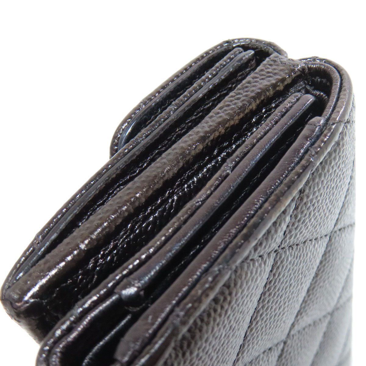 CHANEL Bifold Wallet Grained Calfskin Skin black Compact Wallet Matelasse Gold Metal Women Used Authentic