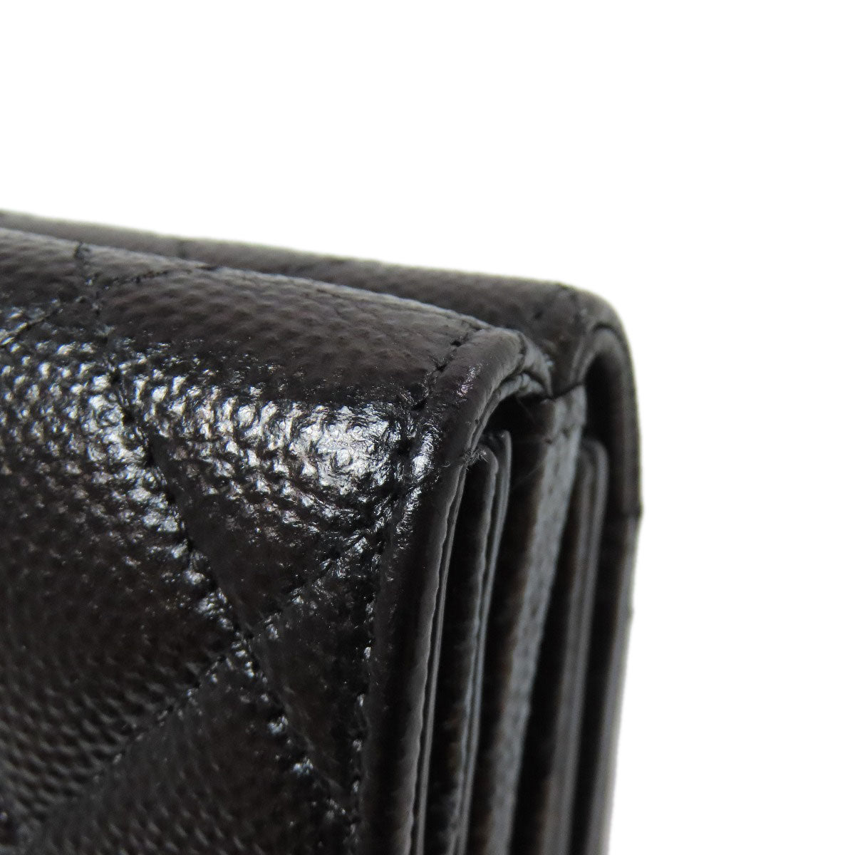 CHANEL Bifold Wallet Grained Calfskin Skin black Compact Wallet Matelasse Gold Metal Women Used Authentic