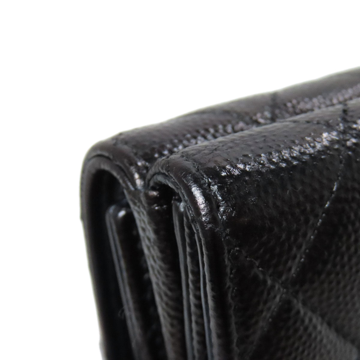 CHANEL Bifold Wallet Grained Calfskin Skin black Compact Wallet Matelasse Gold Metal Women Used Authentic