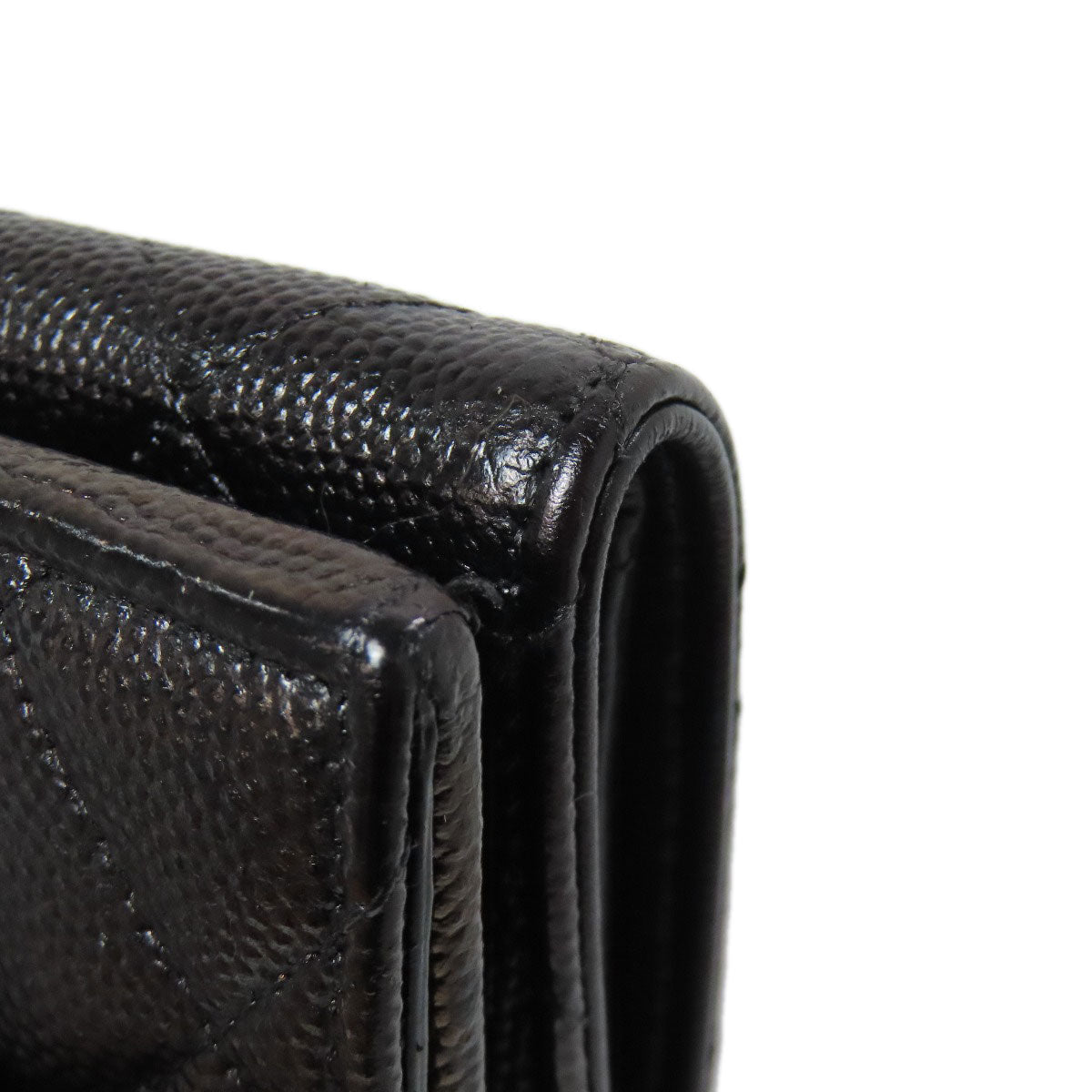CHANEL Bifold Wallet Grained Calfskin Skin black Compact Wallet Matelasse Gold Metal Women Used Authentic