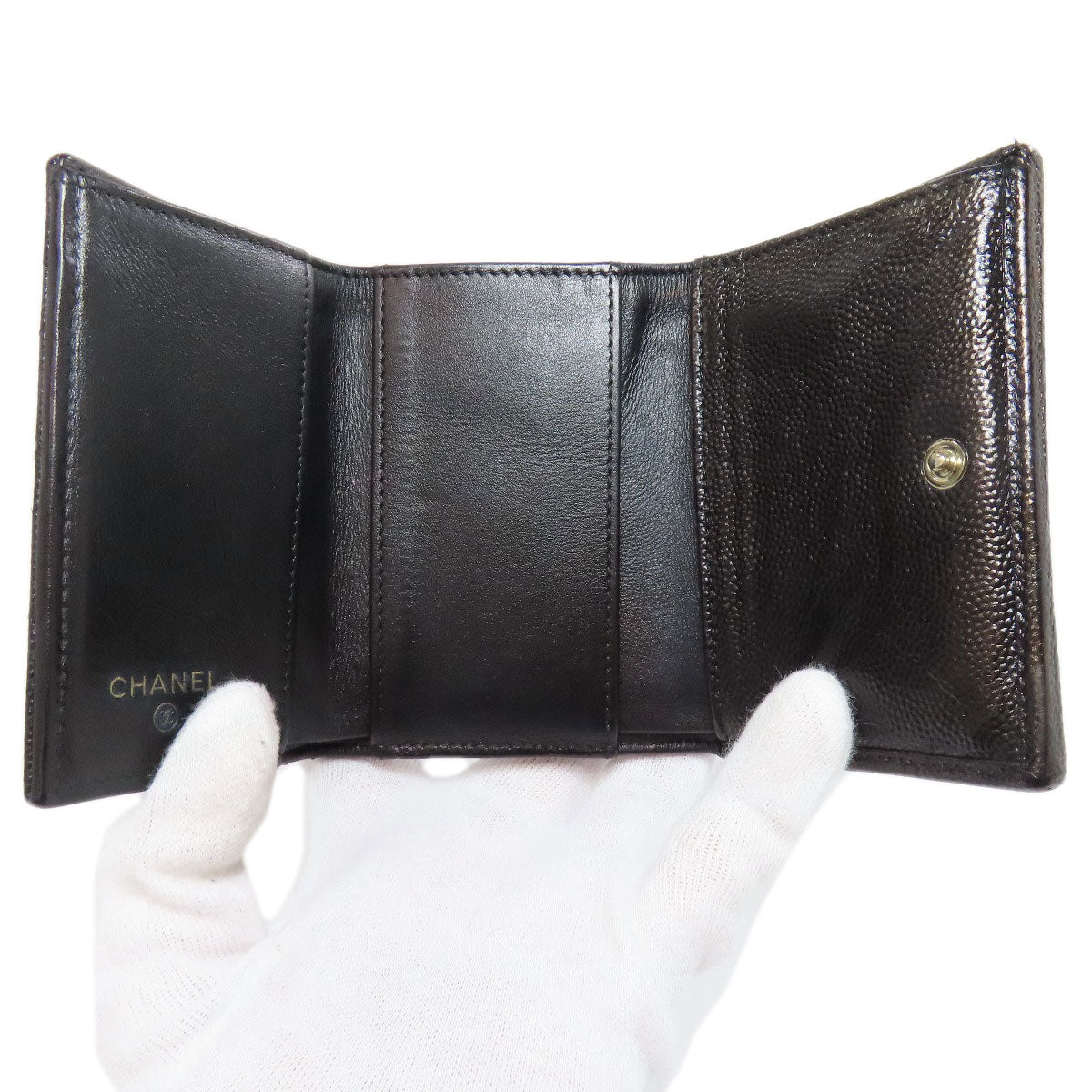 CHANEL Bifold Wallet Grained Calfskin Skin black Compact Wallet Matelasse Gold Metal Women Used Authentic