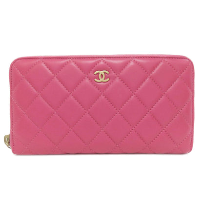 CHANEL Long Wallet Purse lambskin pink Matelasse COCO Mark Gold Metal