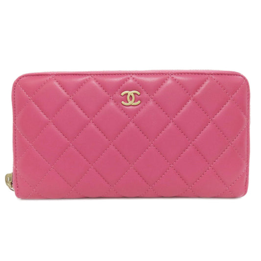 CHANEL Long Wallet Purse lambskin pink Matelasse COCO Mark Gold Metal