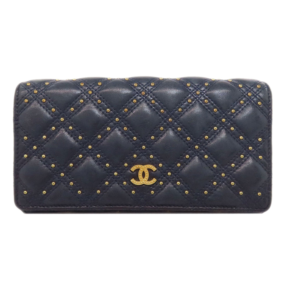 CHANEL Long Wallet Purse lambskin Navy Studs COCO Mark Gold Metal