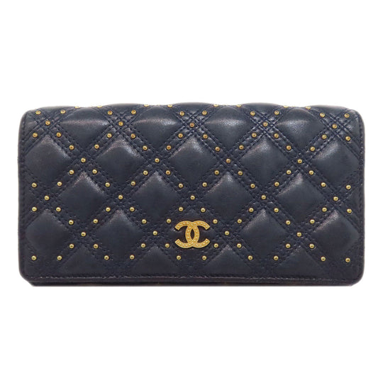 CHANEL Long Wallet Purse lambskin Navy Studs COCO Mark Gold Metal