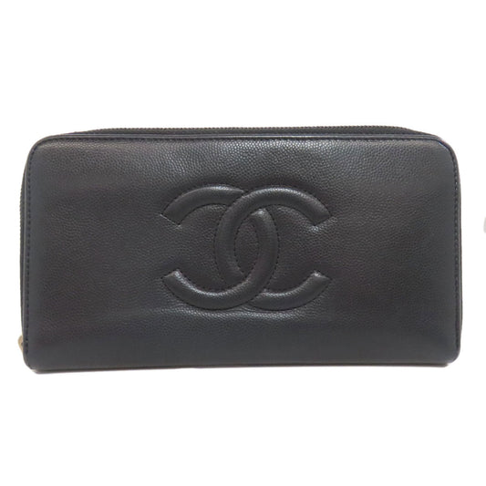 CHANEL Long Wallet Purse Grained Calfskin Skin black Zip Around COCO Mark SilverMetal