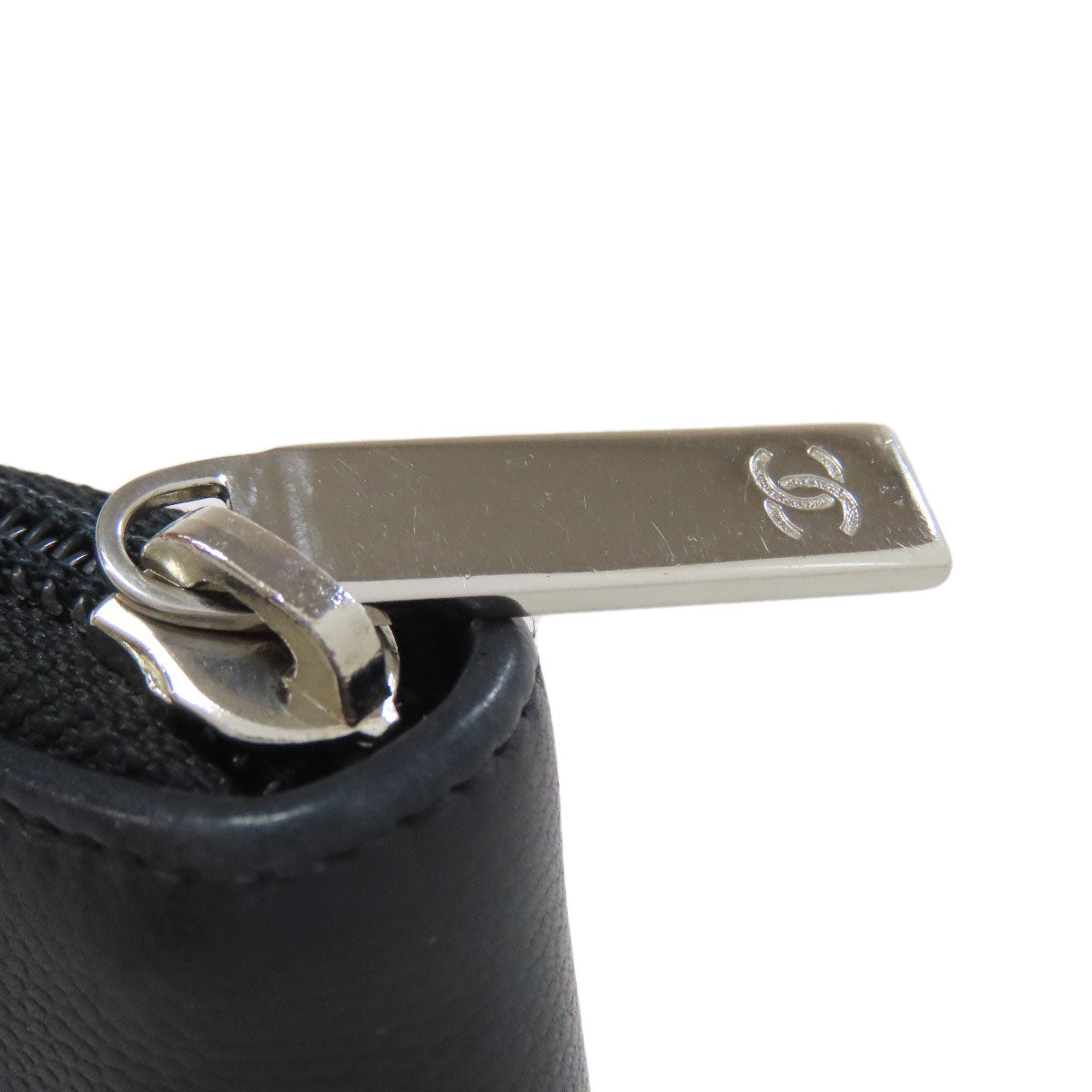 CHANEL Long Wallet Purse Grained Calfskin Skin black Zip Around COCO Mark SilverMetal