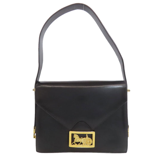 CELINE Shoulder Bag leather black one belt carriage Metal