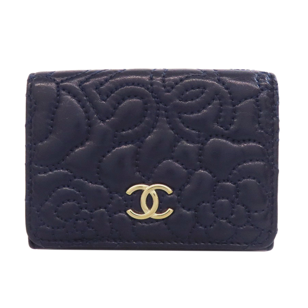 CHANEL Bifold Wallet lambskin Navy Tri-fold Wallet Compact Wallet COCO Mark