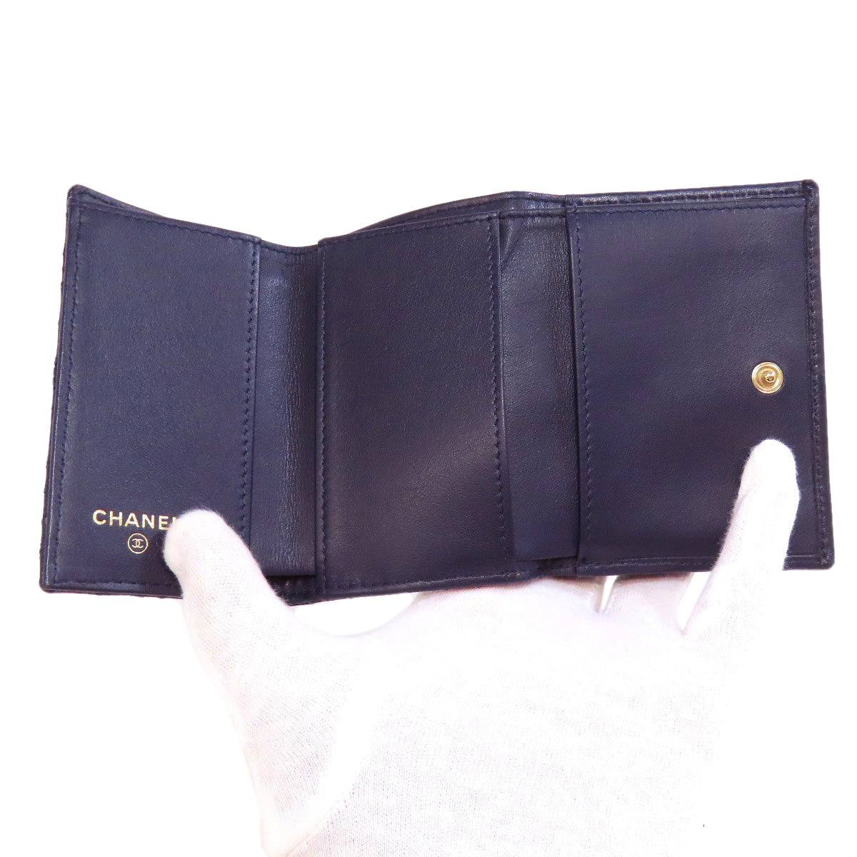 CHANEL Bifold Wallet lambskin Navy Tri-fold Wallet Compact Wallet COCO Mark