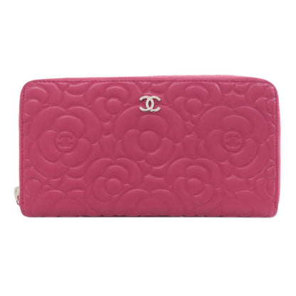 CHANEL Long Wallet Purse Calfskin pink Camellia COCO Mark SilverMetal